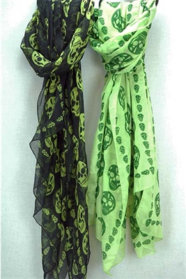 Classic Skull Print Scarf- Black skulls on a green background